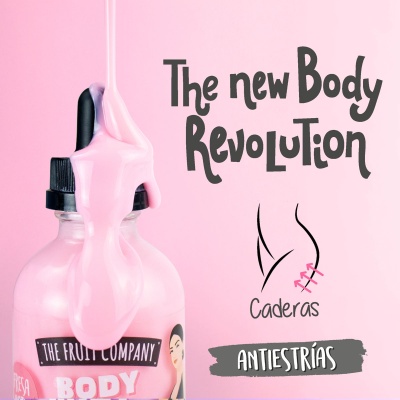 Frasco com produto corporal rosa e texto promocional em fundo cor de rosa