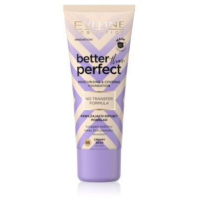 Tubo de base líquida Eveline Cosmetics better than perfect em lilás e bege.