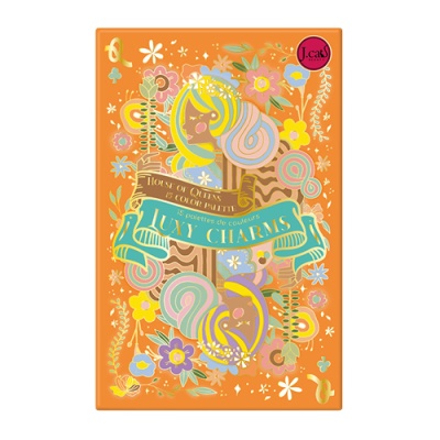 Embalagem de papel/cartão laranja com flores coloridas e texto LUX CHARMS