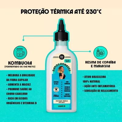 Frasco branco com rótulo azul e preto e texto sobre ingredientes e benefícios