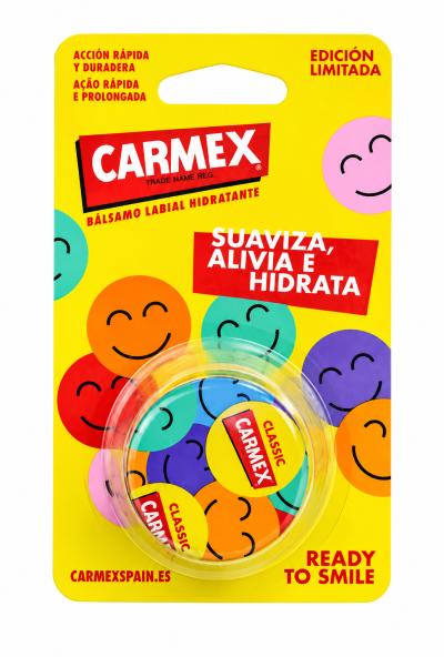 Embalagem amarela de bálsamo labial hidratante Carmex Classic com texto e caras sorridentes coloridas