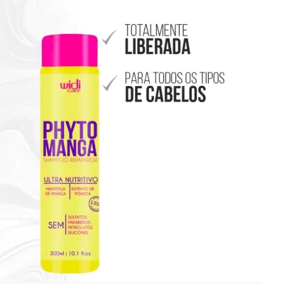 Frasco amarelo e rosa de champô Phyto Manga com texto promocional em português