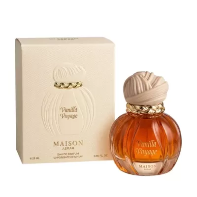 Perfume Vanilla Voyage da Maison Asrar em frasco âmbar com tampa bege e embalagem creme