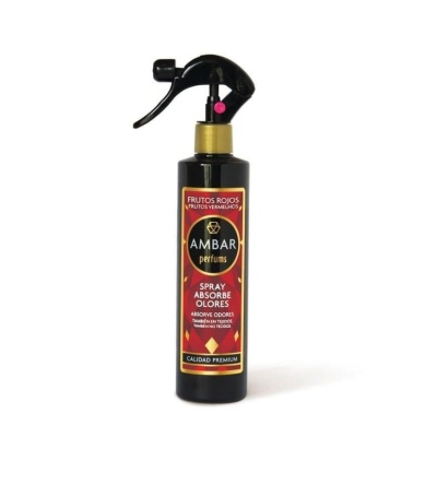 Frasco spray preto com rótulo vermelho e texto em fundo branco