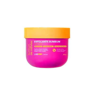 Esfoliante corporal em embalagem rosa com tampa amarela e texto branco e amarelo