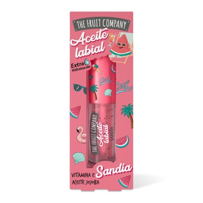 Aceite labial The Fruit Company sabor sandia em embalagem rosa com desenhos de flamingos, conchas e sandias