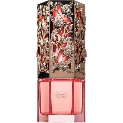 Frasco de perfume rosa com tampa decorada em relevo floral dourado