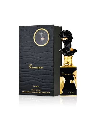 Frasco de perfume preto e dourado com busto decorativo ao lado de caixa preta texturada