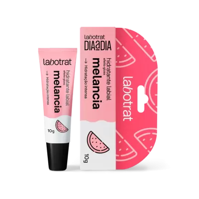 Hidratante labial Labotrat Dia a Dia Melancia em tubo rosa e branco com tampa preta
