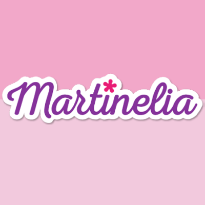 Logótipo da Martinelia em letras roxas sobre fundo rosa