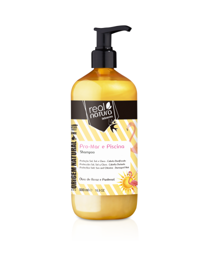 Frasco de shampoo Real Natura Intensivo com dispensador preto, amarelo e rótulo com flamingo e sol