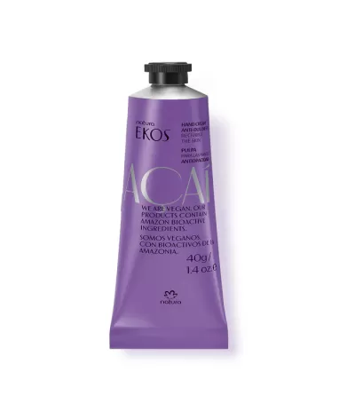 Creme para as mãos Natura EKOS em tubo metálico roxo com tampa preta