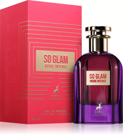 Perfume SO GLAM ROUGE INTENSE em frasco roxo e caixa vermelha com detalhes dourados