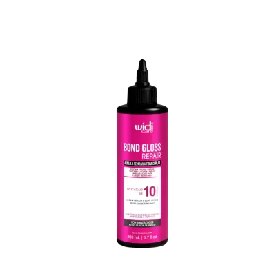 Frasco preto com etiqueta rosa de produto capilar Bond Gloss Repair Widi Care