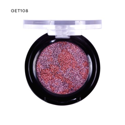 Sombra de olhos glitter rosa e roxo em estojo preto com tampa transparente