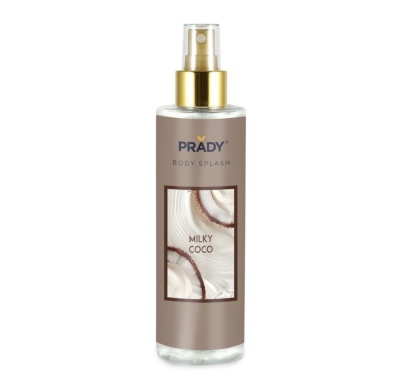 Frasco de body splash PRADY Milky Coco com dispensador dourado