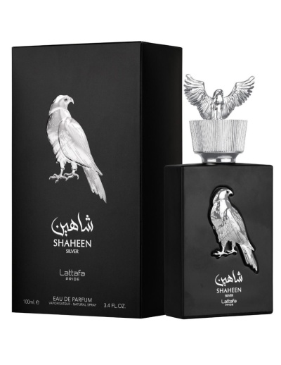 Perfume Shaheen Silver da Lattafa Pride em frasco preto com falcão prateado