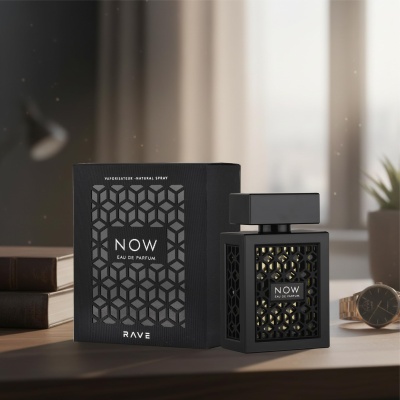 Perfume NOW Eau de Parfum com embalagem e frasco negros com padrão geométrico