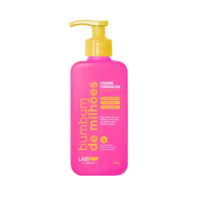 Frasco rosa de creme firmador com tampa amarela e texto amarelo e branco