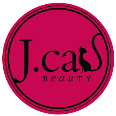 Logótipo rosa com texto J.cat BEAUTY e silhueta de gato
