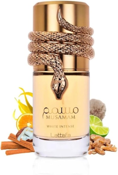 Perfume Lattafa Musamam White Intense com tampa dourada e design de serpente