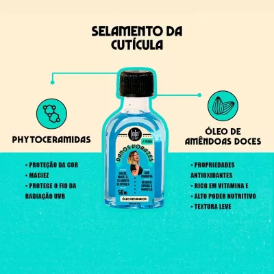 Frasco pequeno de óleo reparador para cabelo com rótulo azul e tampa preta