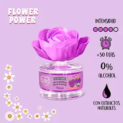 Perfume em frasco de vidro com tampa de flor rosa e texto informativo em fundo lilás