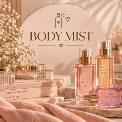 Frascos de body mist em vidro rosa e amarelo com pulverizadores dourados sobre base de pedra com flores e livros cor de rosa