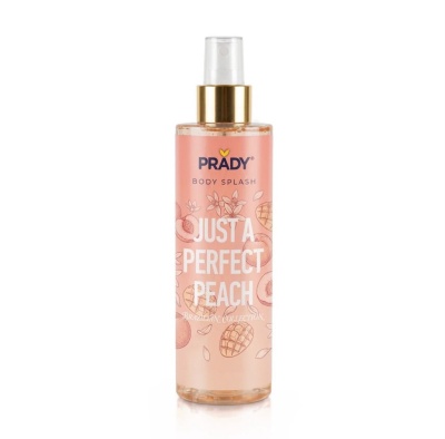 Frasco de spray corpo PRADY cor-de-rosa com ilustração de pêssegos