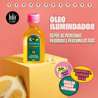 Frasco de óleo iluminador Lola com tampa rosa e rótulo verde sobre suporte amarelo