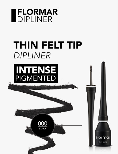 Eyeliner preto Flormar Dipliner com ponta fina e embalagem preta fosca