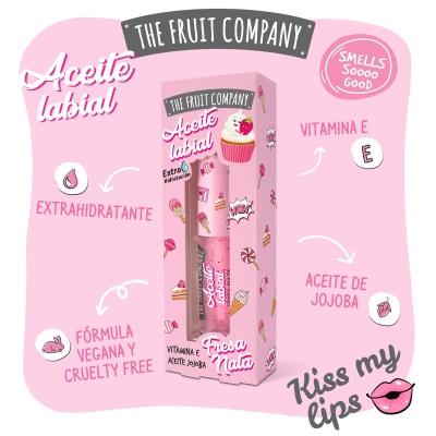 Embalagem rosa do aceite labial 'The Fruit Company' decorada com cupcakes e doces