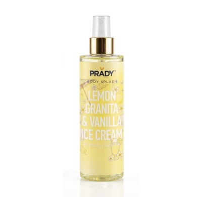 Frasco spray de body splash amarelo com texto e ilustrações brancas e douradas.