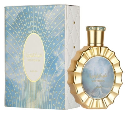 Frasco dourado de perfume Victoria com caixa azul e branca decorada