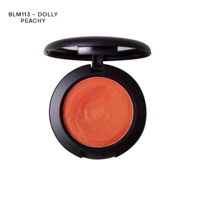 Pó compacto de maquilhagem laranja em estojo preto redondo aberto