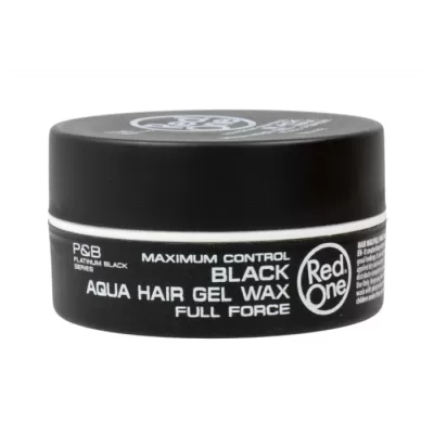 Pote preto de cera para cabelo com texto branco
