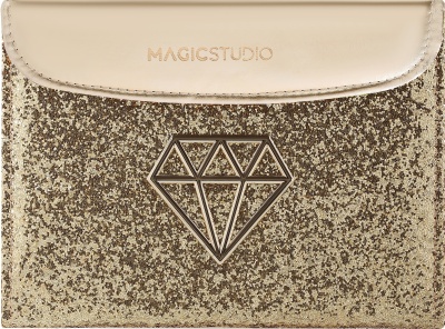 Mala pequena envelope bege com glitter dourado e emblema de diamante