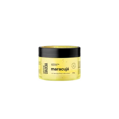 Pote de esfoliante amarelo para rosto e corpo maracujá com tampa preta