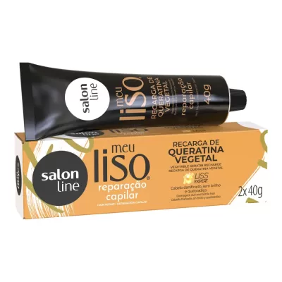 Embalagem e tubo preto de produto capilar Meu Liso da Salon Line com texto dourado