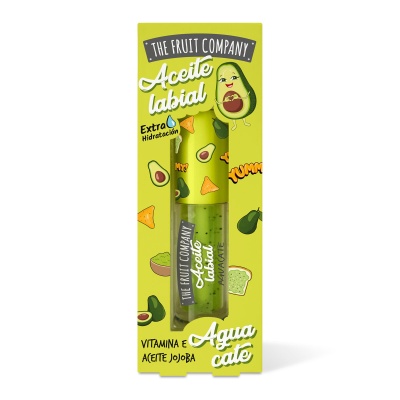 Embalagem amarela de Aceite labial Água caté da THE FRUIT COMPANY com frasco verde e imagens de abacates