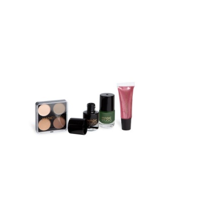 Conjunto maquilhagem com paleta sombras neutras, vernizes preto e verde e gloss rosa.
