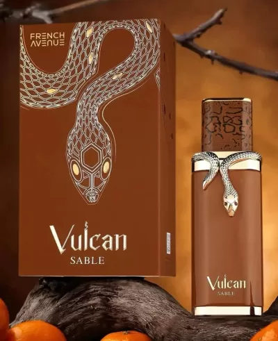 Frasco e caixa de perfume Vulcan Sable com design de serpente em cores marrons e prateadas