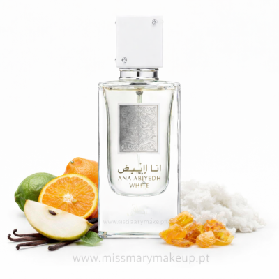 Frasco de perfume ANA ABIYEDH WHITE com frutas e especiarias no fundo branco
