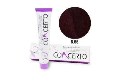 Tubo e caixa de coloração de cabelo CONCERTO com tonalidade 6.66 castanho escuro avermelhado.