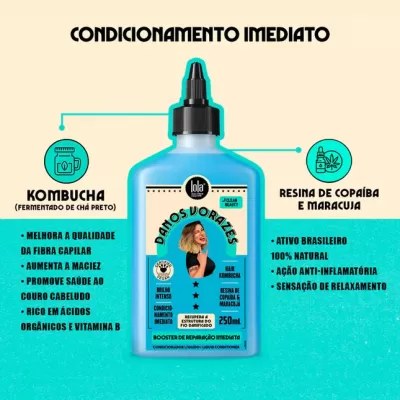 Frasco azul de condicionador capilar Lola Cosmetics com texto em português e imagens ilustrativas