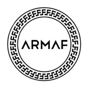 Logotipo da marca ARMAF em preto com padrão geométrico circular preto e branco