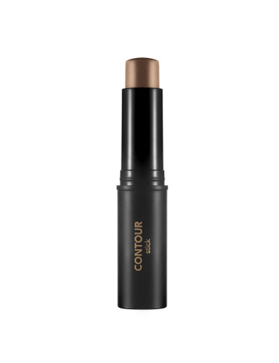 Bastão de maquilhagem bronze em embalagem preta com texto dourado