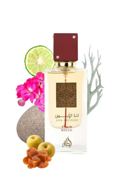 Frasco de perfume transparente Ana Abiyedh Rouge com flores, lima, pedras e frutos dourados