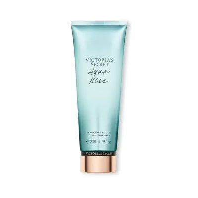 Frasco azul esverdeado com tampa dourada de loção perfumada Victorias Secret Aqua Kiss