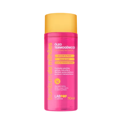 Frasco rosa com tampa amarela de óleo termogênico para pele